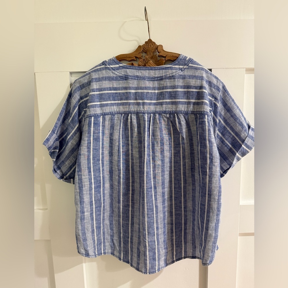 Anthropologie Pilcro Linen Henley Surf Shirt Blue Stripe V-Neck Top M - Picture 6 of 8